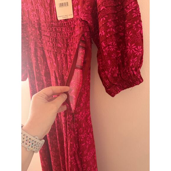 NWT Free People Jessie Red Floral Puff Sleeve Cottagecore Prairie Midi Dress 0 - Picture 7 of 8